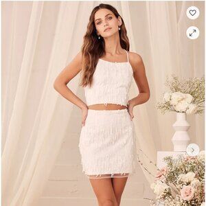 BNWT Lulus Dancing in a Dream White Fringe Lace-Up Two-Piece Mini Dress